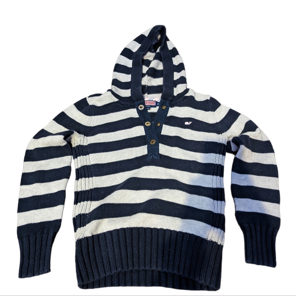 vineyard Vines knit sweater by shep and Ian gray and navy blue hooded quarter up